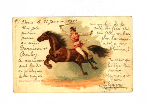 Postkaarten van het Barnum en Bailey circus met aquareltekening