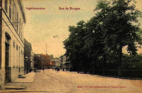 Bruggestraat, ter hoogte van de hoek met de Meulebekestraat, Ingelmunster, ca 1905