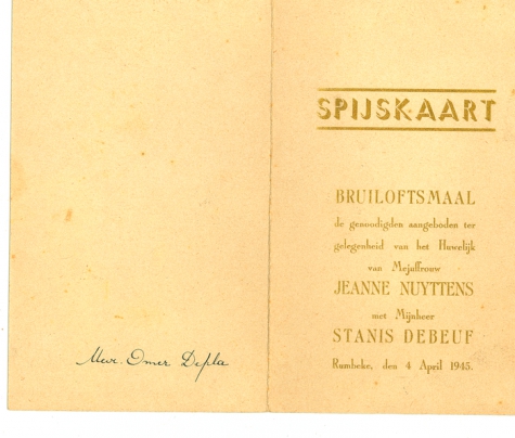 Menukaart Huwelijk, 1945
