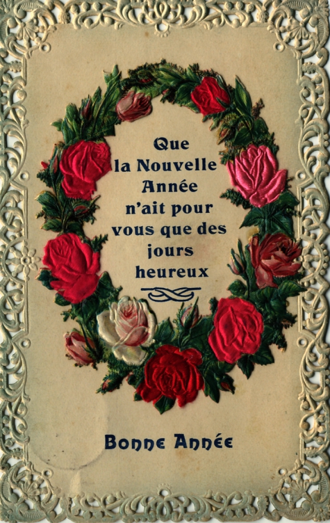 Post- en beeldzijde nieuwjaarskaart, bloemen van echte zijde, 1909