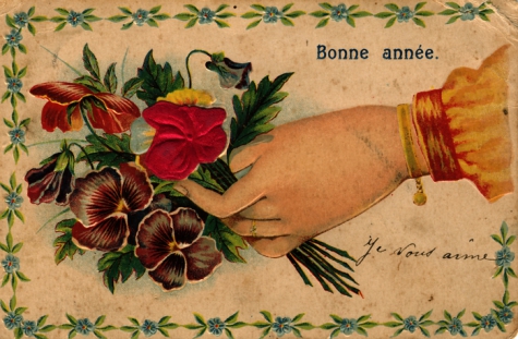 Beeldzijde nieuwjaarskaart, hand biedt boeket aan