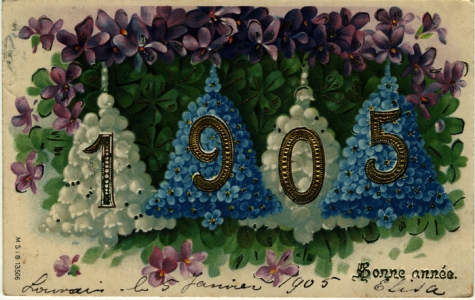 Beeldzijde nieuwjaarskaart, overvloed geluksbrengers,  1905