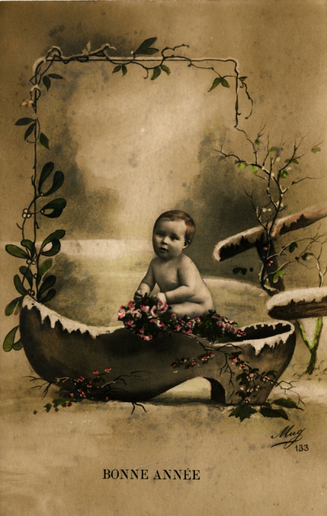 Beeldzijde nieuwjaarskaart, baby in klomp