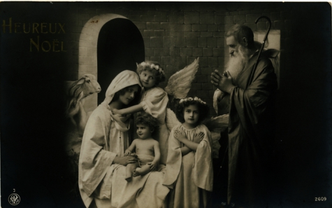 Beeldzijde kerstkaart, fotokaart stalletje Betlehem, 1912
