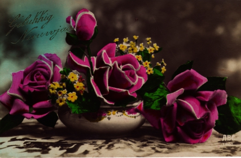 Beeldzijde nieuwjaarskaart, stilleven met bloemen, 1930