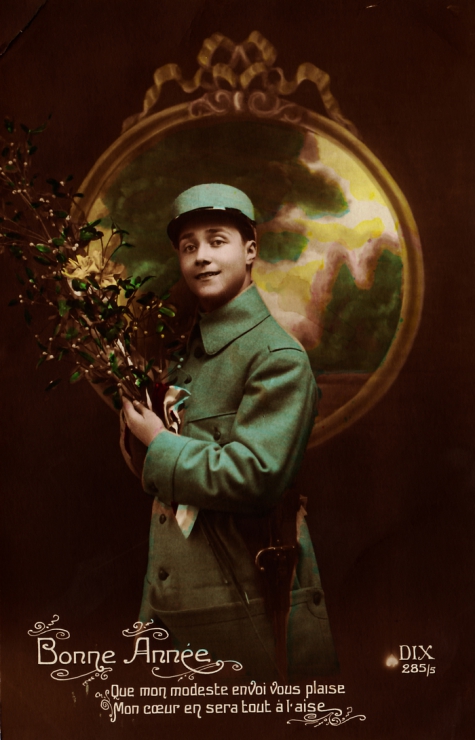 Beeld- en postzijde nieuwjaarskaart, soldaat met maretak, 1915