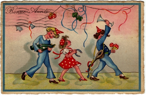 Beeldzijde nieuwjaarskaart, fuivende jongeren, 1935
