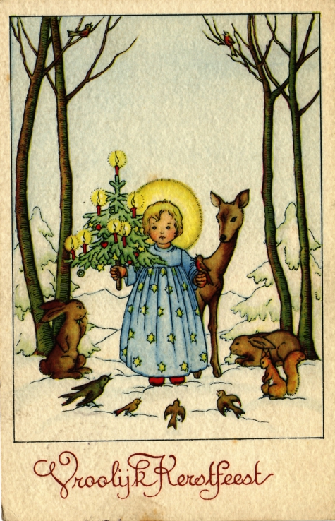 Beeldzijde kerstkaart, engel met kerstboom tussen dieren