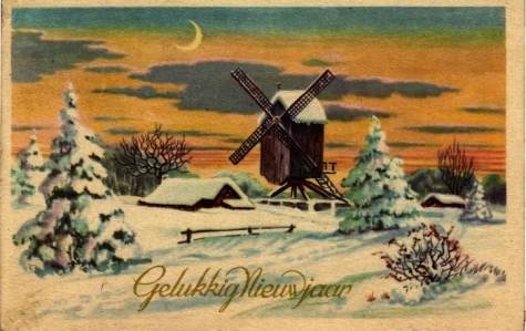 Beeldzijde nieuwjaarskaart, sneeuwlandschap met molen, 1946