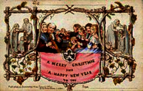 Eerste Kerst- en nieuwjaarskaart ontworpen door John Calcott Horsley, 1843 