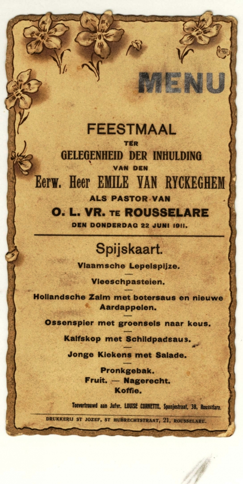 Spijskaart voor het feestmaal bij inhuldiging pastoor Emile Van Ryckeghem
