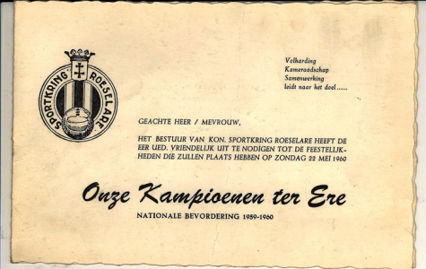 Uitnodiging tot de feestelijkheden ter gelegenheid van de kampioenenviering van Sportkring Roeselare