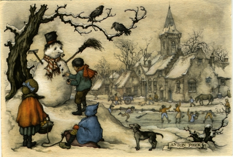 Beeldzijde nieuwjaarskaart, winterpret, Anton Pieck, 1980