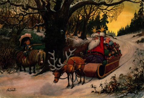 Beeldzijde dubbele kerst-en nieuwjaarskaart, hold-up op kerstman
