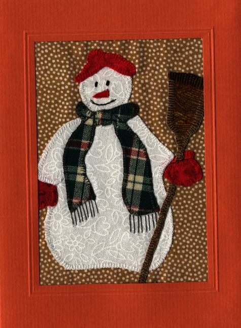 Beeldzijde kerst- en nieuwjaarskaart, sneeuwpop in patchwork