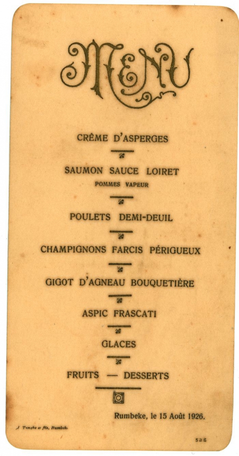 Franstalige menukaart 1926