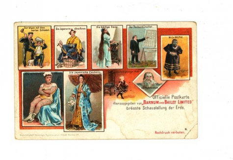 Officiële postkaart van het Barnum en Bailey circus met artiesten