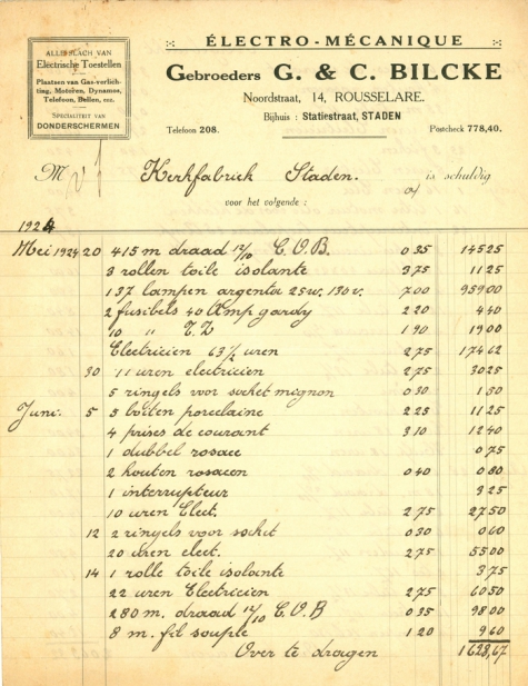 Factuur Gebroeders G. &amp; C. Bilcke, Roeselare, 1924