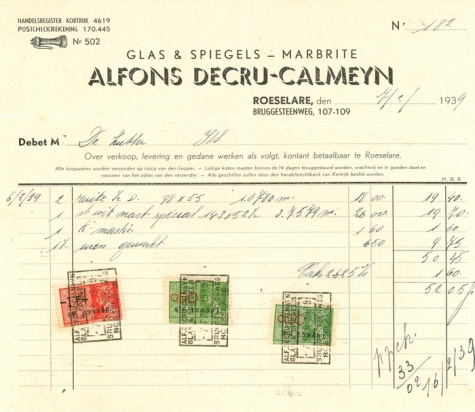 Factuur van Alfons Decru-Calmeyn , Roeselare, 1939 