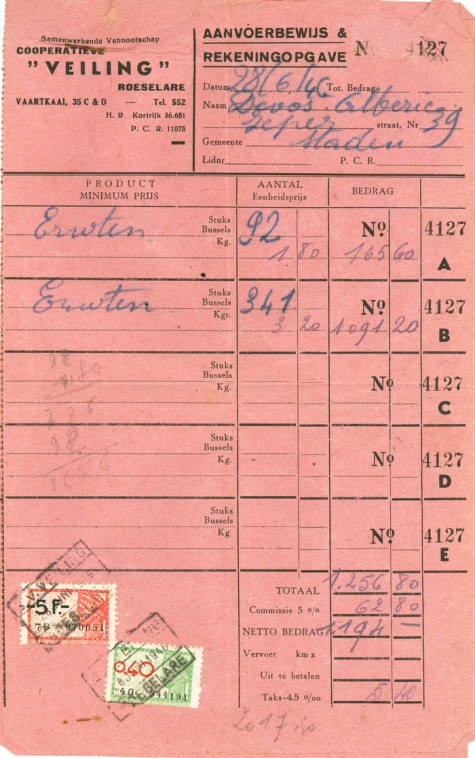 Aanvoerbewijs en rekeningopgave samenwerkende vennootschap cooperatieve Veling , Roeselare, 1946  