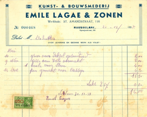 Factuur van Emile Lagae &amp; Zonen, Roeselare, 1938