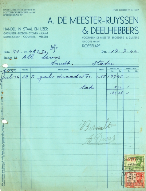 Factuur van A. Demeester-Ruyssen &amp; Deelhebbers, Roeselare, 1944 en 1946