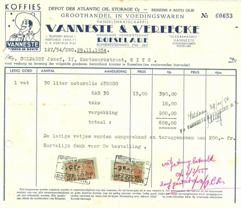 Factuur van handelsmaatschappij Vanneste &amp; Vereecke,  Roeselare, 1954
