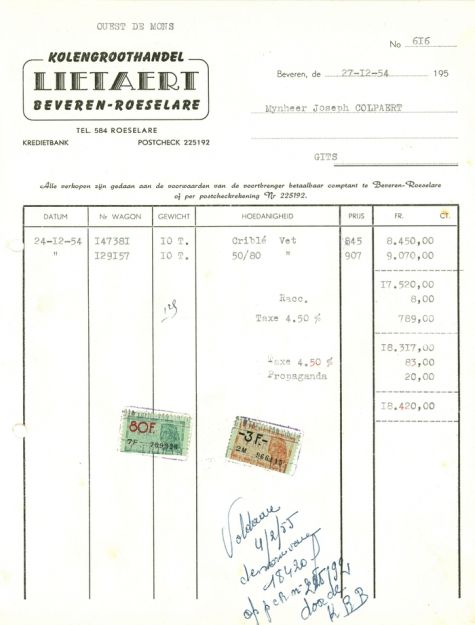 Factuur van kolengroothandel Lietaert,  Roeselare, 1954
