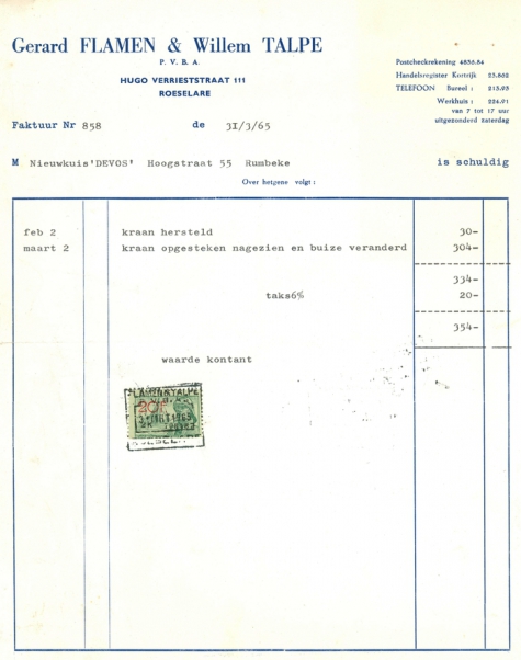 Factuur van Gerard Flamen &amp; Willem Talpe, Roeselare, 1965
