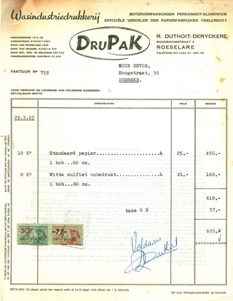 Factuur van wasindustriedrukkerij DruPak, Roeselare, 1965
