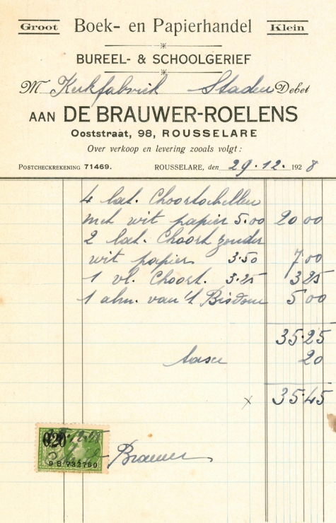 Factuur van boek- en papierhandel De Brauwer-Roelens, Roeselare, 1928
