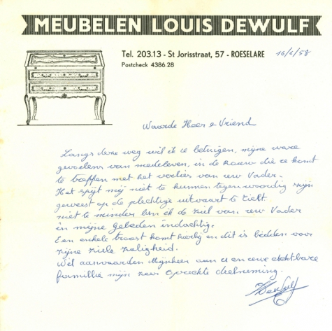 Een schrijven van meubelen Louis Dewulf, Roeselare, 1958