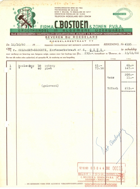 Factuur van pvba C. Bostoen &amp; Zonen, Roeselare, 1960