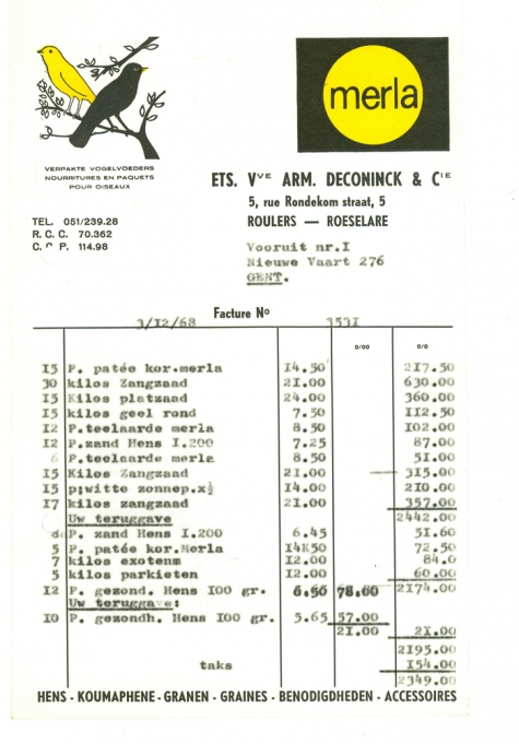 Factuur van Ets. Vve. Arm Deconinck &amp; Cie, Roeselare, 1968