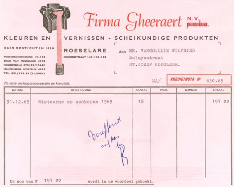 Creditnota van de NV Gheeraert, Roeselare, 1965 
