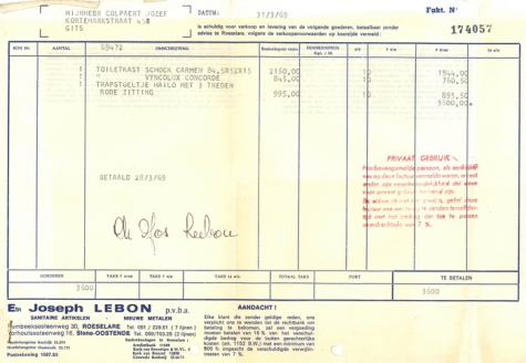 Factuur van de pvba Ets Joseph Lebon, Roeselare, 1969