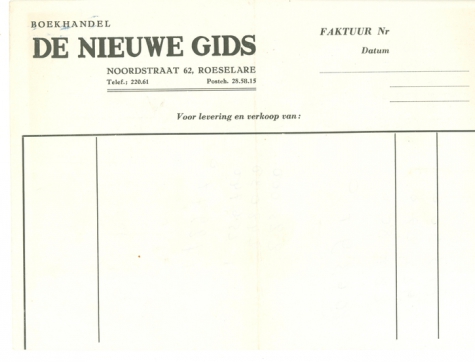 Factuurhoofding van Boekhandel De Nieuwe Gids, Roeselare  
