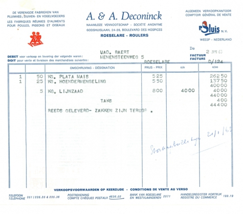 Factuur van NV A &amp; A Deconinck, Roeselare, 1963