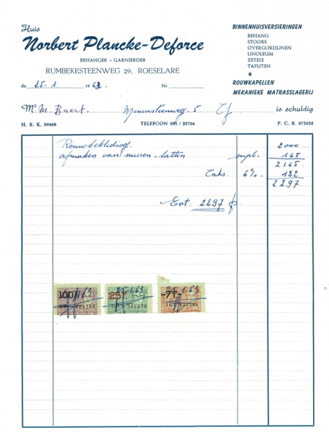 Factuur van Norbert Plancke-Deforce Roeselare, 1963  