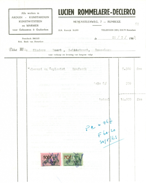 Factuur van Lucien Rommelaere-Declercq, Roeselare, 1963 