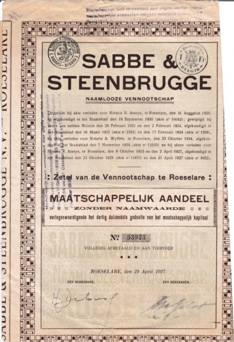 Aandelen NV Sabbe &amp; Steenbrugge, Roeselare