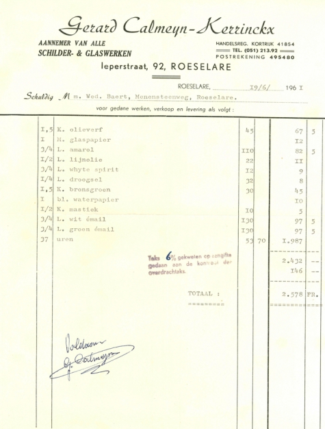 Factuur van Gerard Calmeyn - Kerrinckx, Roeselare , 1961