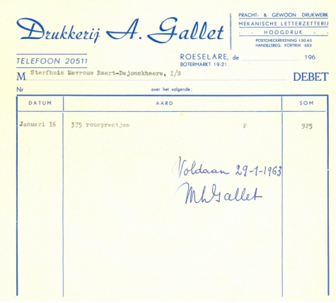 Factuur van Drukkerij A. Gallet, Roeselare , 1963
