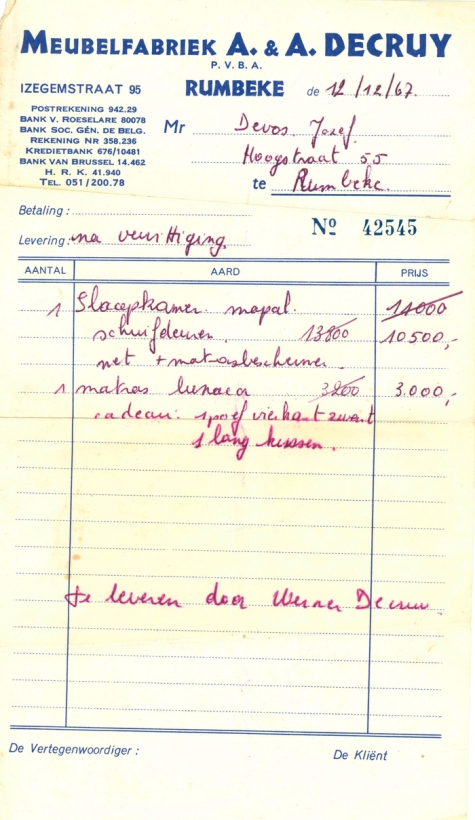 Leveringsbon van Meubelfabriek pvba A&amp;A Decruy, Rumbeke , 1967
