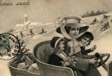 Beeldzijde nieuwjaarskaart, dame met kinderen in auto, 1912