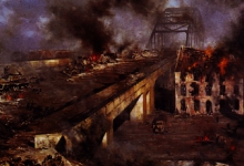 Beeld- en postzijde nieuwjaarskaart, oorlogstafereel kapotgeschoten brug, 1943