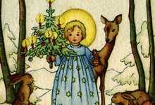 Beeldzijde kerstkaart, engel met kerstboom tussen dieren