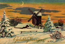 Beeldzijde nieuwjaarskaart, sneeuwlandschap met molen, 1946