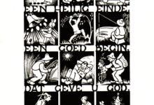 Beeldzijde nieuwjaarskaart, tekening seizoenen, 1952