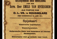 Spijskaart voor het feestmaal bij inhuldiging pastoor Emile Van Ryckeghem
